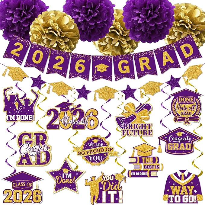 Graduation Decorations 2026 Purple, 2026 Grad Banner and Congrats Grad Hanging Swirls, Purple and Gold Graduation Banner Graduations Hanging Swirls College Graduations Party Decorations Class of 2026