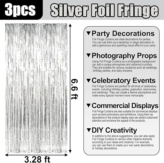 3 Pack Silver Foil Fringe Curtain Backdrop, 3.28Ft x 6.6Ft Metallic Tinsel Foil Fringe Streamer Curtains for Photo Booth, Christmas Day, Thanksgiving, Wedding, New Year Party Decorations