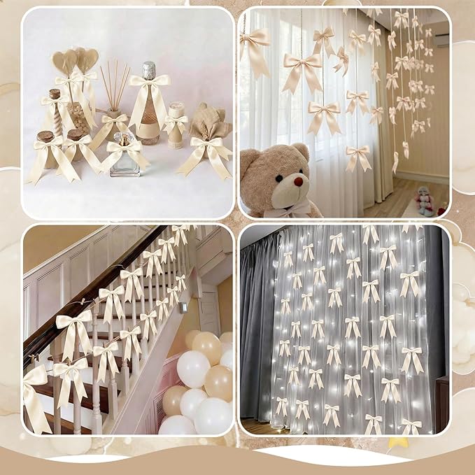 2 Strings Cream Bow Garland Banner Decorations, 16Pcs Pre-Strung Satin Ribbon with 6.7ft Chain for Ivory White Ribbon Bow Coquette Room Birthday Baby Bridal Shower Wedding Bachelorette Party Decor