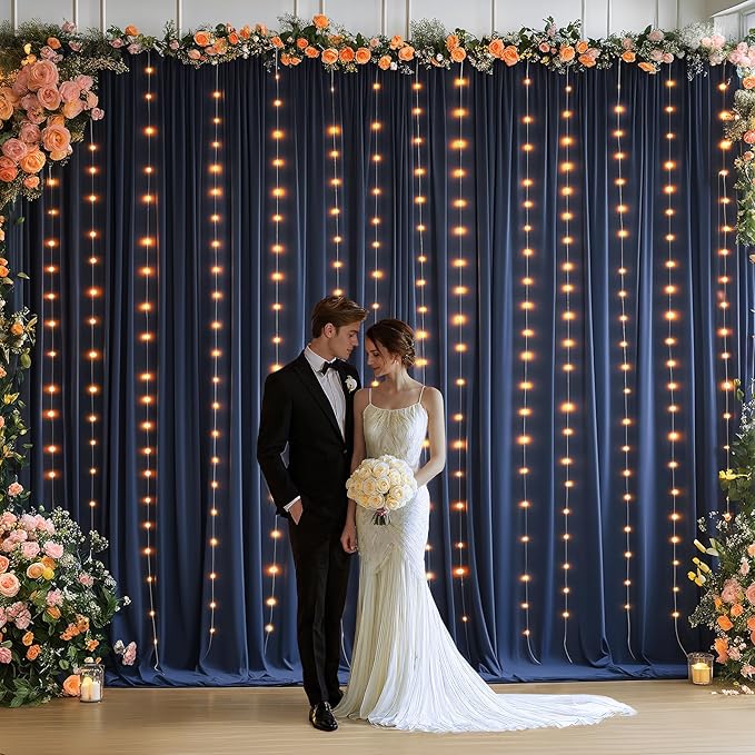 20 x 10ft Navy Blue Backdrop Curtains with Lights String Wrinkle Free Polyester Photo Backdrop Drapes Soft Fabric Curtains for Graduation Birthday Parties Wedding Shower Reception Events-5 x 10ft x 4P