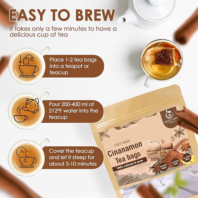 NHAT ANH FARM - Premium Cinnamon Tea Bags, 40 Teabags, 2g/bag, 100% Natural, Hand-Selected Cinnamon Tea Bags, No Additives, Sugar-Free,Caffeine-Free. Good For Your Health.