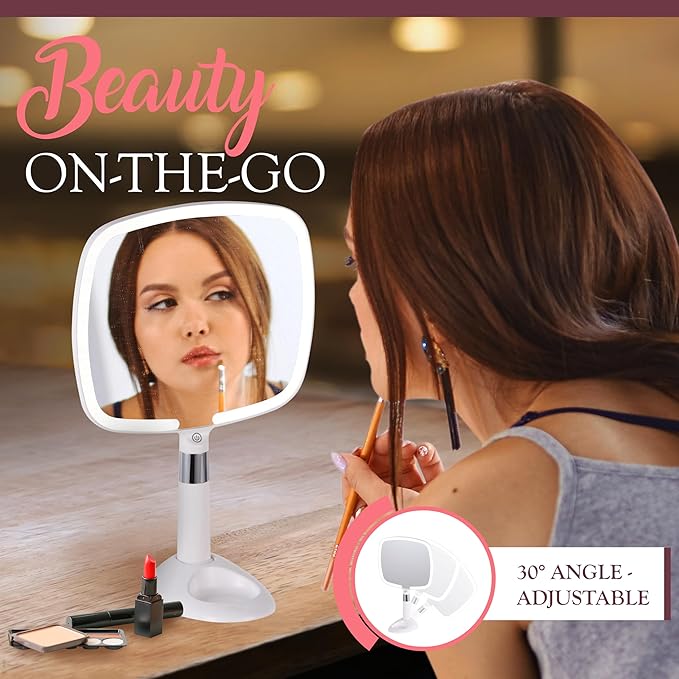 MIRRORVANA Lighted Travel Hand Mirror with Comfy Handle and Detachable Stand - Portable, Thin and Lightweight Design - Rechargeable with 3 LED Light Settings - 9" x 13" (White)