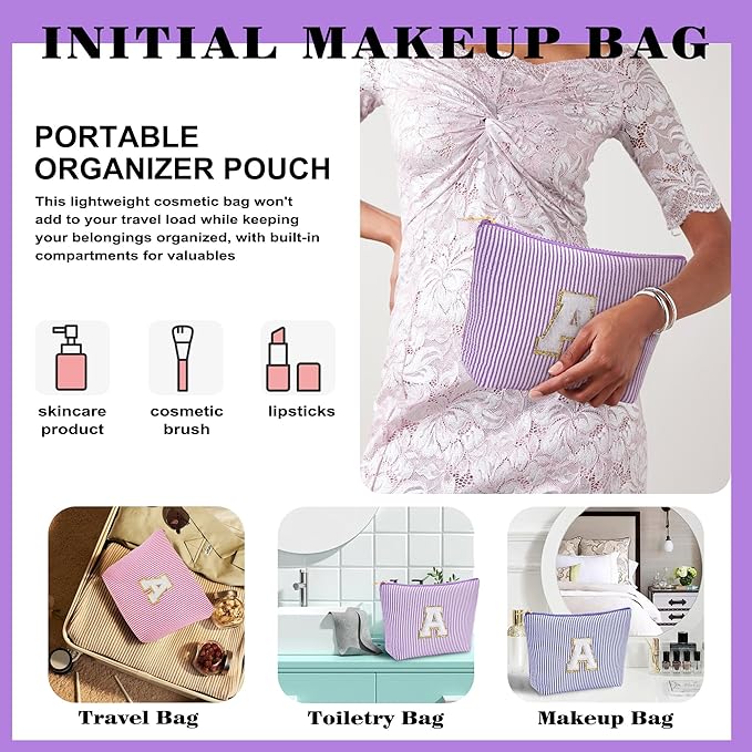 Birthday Gifts for Women - Initial Makeup Bag Set, Portable Makeup Pouch Cosmetic Bag with Zipper, Travel Essentials Toiletry Bag Travel Gifts for Women, Purple Letter B