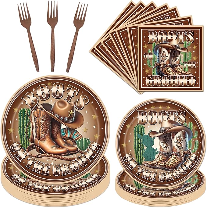 Rakuto Boots on the Ground Decorations, 96PCS Western Cowboy Party Brown Disposable Paper Plates and Napkins Decoration, Boots on the Ground Birthday Forks Table Decor Serve 24