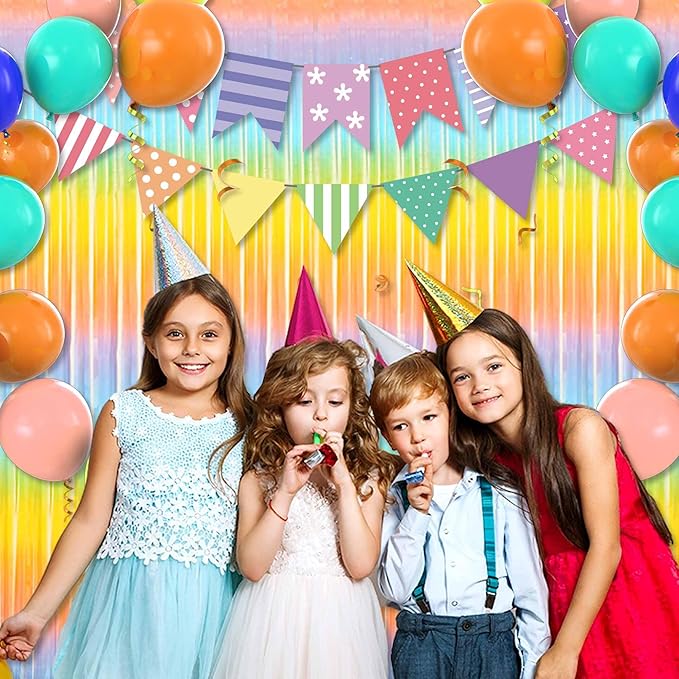 6 Pack Light Rainbow Foil Fringe Curtains Backdrop, 3.28 x 8.2 Ft Metallic Streamers Tinsel Curtains Background for Photo Booth, Birthday, Christmas, Halloween, New Year Party Decorations