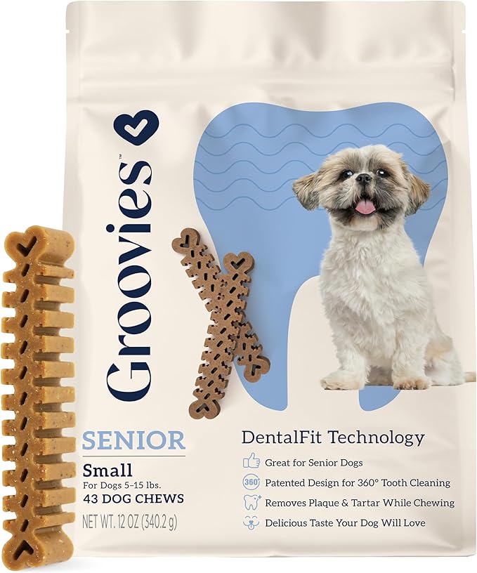 Groovies Slightly Softer, Yet Flexible Dental Chew for Senior Dogs & Delicate Chewers. Powered by USA-Patented DentalFit Tech. No Added Gluten, No Artificial Flavors or Colors. 12oz Small (43Chews)