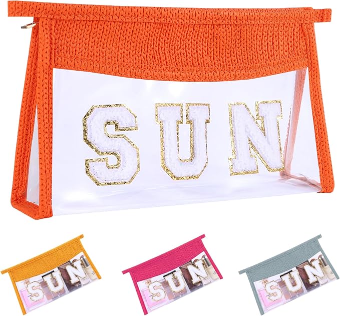 Sunscreen Bag Clear Makeup Bag Chenille Letter Sun Cosmetic Pouch Summer Beach Essential Cute Toiletry Pouch Travel Accessories Gifts for Women