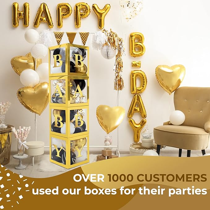Baby Shower Boxes with Letters – Gold Boxes with Gold & Black Balloons – 44-Piece Gender Reveal & Party Decoration Set by Vellax
