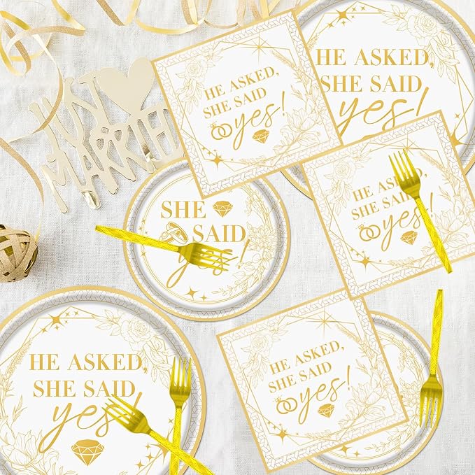 Rakuto Engagement Party Tableware Decorations, 96PCS She Said Yes Disposable Plates and Napkins Forks Set, Bridal Shower Wedding Plates and Napkins Dinnerware Sets
