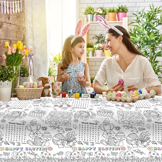 3 Pack Large Happy Easter Coloring Tablecloth - Giant Easter Color-in Paper Poster, Rectangle Cute Bunny Activity Coloring Table Cloth for Spring Easters Party Craft Decorations Favors, 54 x 108 Inch
