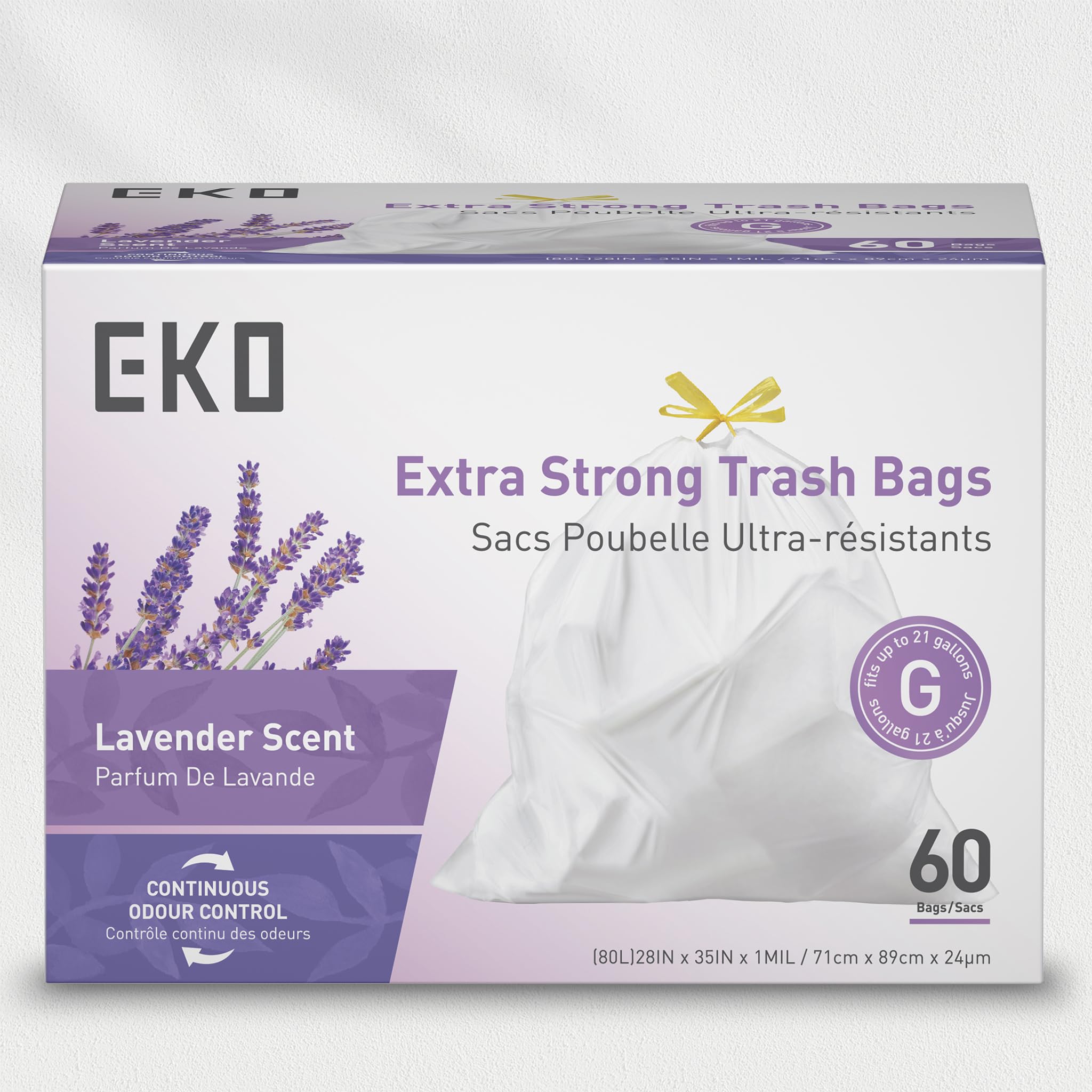 EKO 21 Gallon / 50-90 Liter, 60 Count Drawstring Trash Bags, Extra-Strong Garbage Bags, Lavender Scent with Continuous Odor Control, Easy-Dispense Roll for Kitchen and Household Use, Code G, White