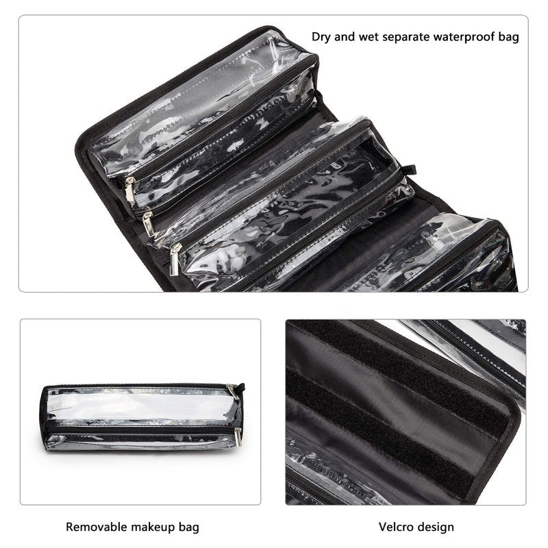 ROYALFAIR Roll Up Makeup Bag, Travel Toiletry Bag for Women with 4 Clear TSA Approved Pouches, Hanging Travel Organizer, Folding Cosmetic Bag for Men and Women (Black)