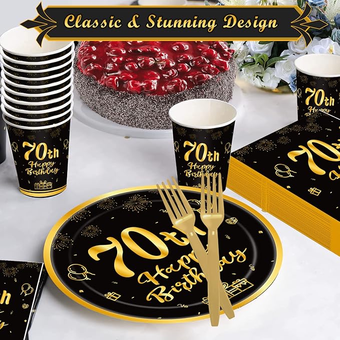 120Pcs 70th Birthday Party Supplies Plates Napkins Cups Forks Tableware Set Gold Black Happy 70th Birthday Themed Disposable Tableware Decoration Serves 24 Guests for Women and Men