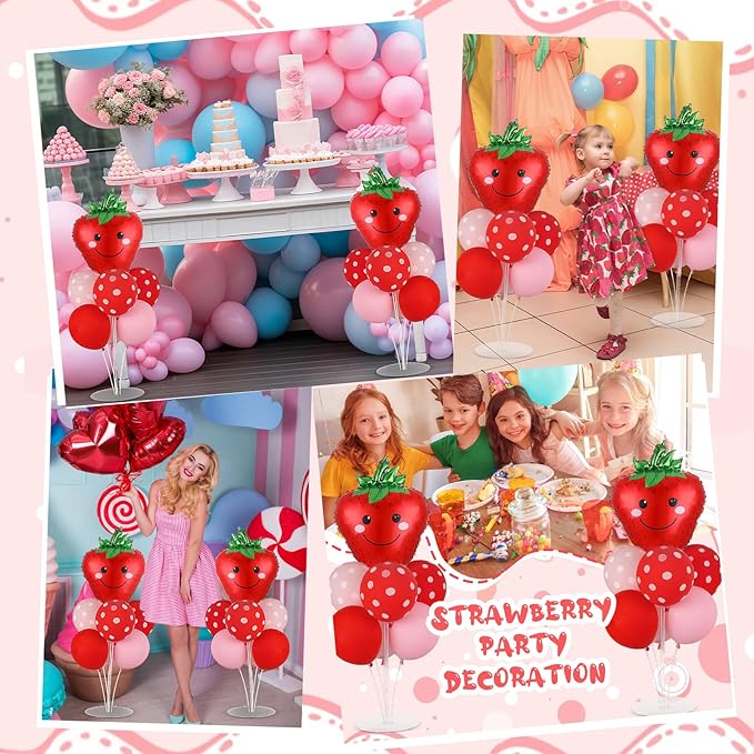 4 Sets Strawberry Party Balloons Stand Kit with Strawberry Foil Balloons Sweet 1st Party Balloon Centerpiece for Tables for Girls Birthday Baby Shower Decoration