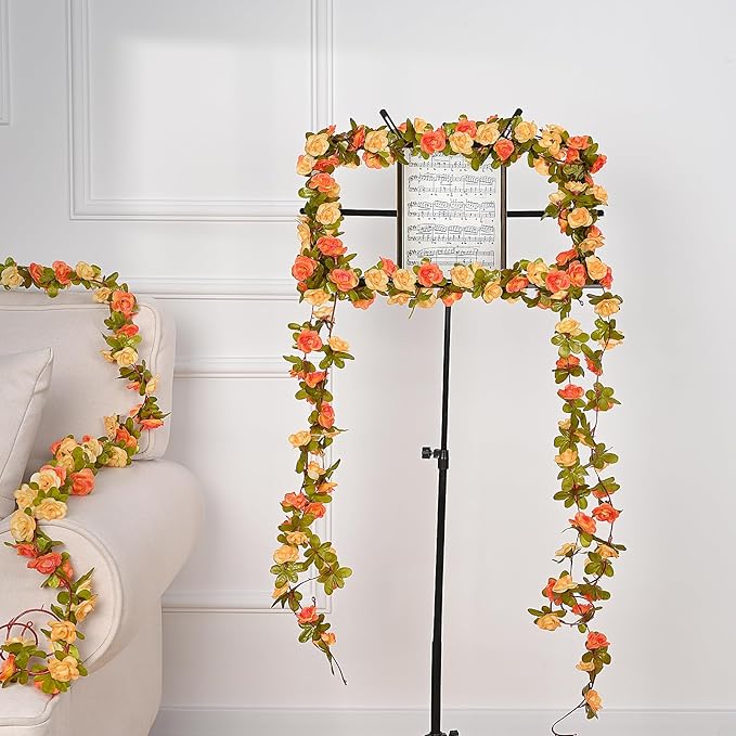 MARTINE MALL Flower Vines, 5 Strands 41Ft Rose Vines for Bedroom, Champagne and Orange Floral Garland for Room Birthday Wedding Party Garden Wall Decor