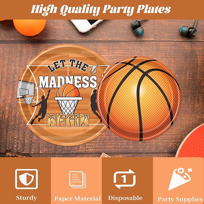 Rakuto March Basketball Party Decorations, 96PCS Let the Madnes Begin Disposable Paper Plates Napkins and Forks Party Decoration, Madnes Sports Theme Birthday Decor for Kids Boys Supplies Serve 24
