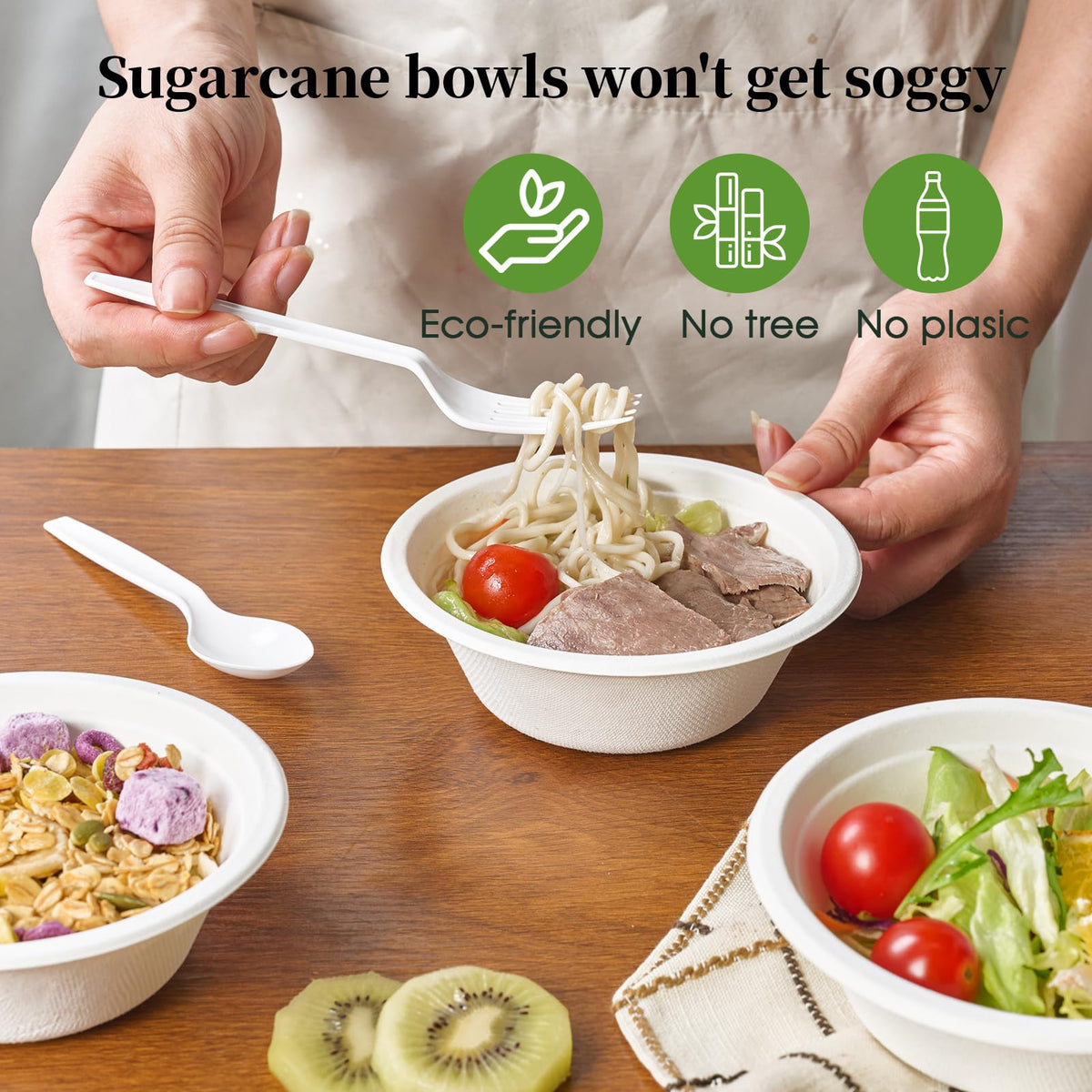 ECOLipak 150 Pack 12 oz Paper Bowls Disposable, Heavy-Duty Biodegradable Compostable Bowls Made of Natural Sugarcane Bagasse, Suitable for Salad, Dessert, Milk, Cereals