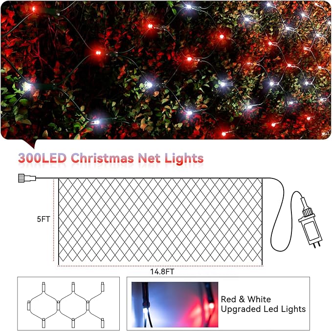 LitHome 14.8FT x 5FT Christmas Net Lights Outdoor, 300 LED Red White Bush Lights 8 Modes, Connectable Waterproof Valentines Net Mesh Light Green Wire for Bushes Shrubs Holiday Valentine's Day Decor