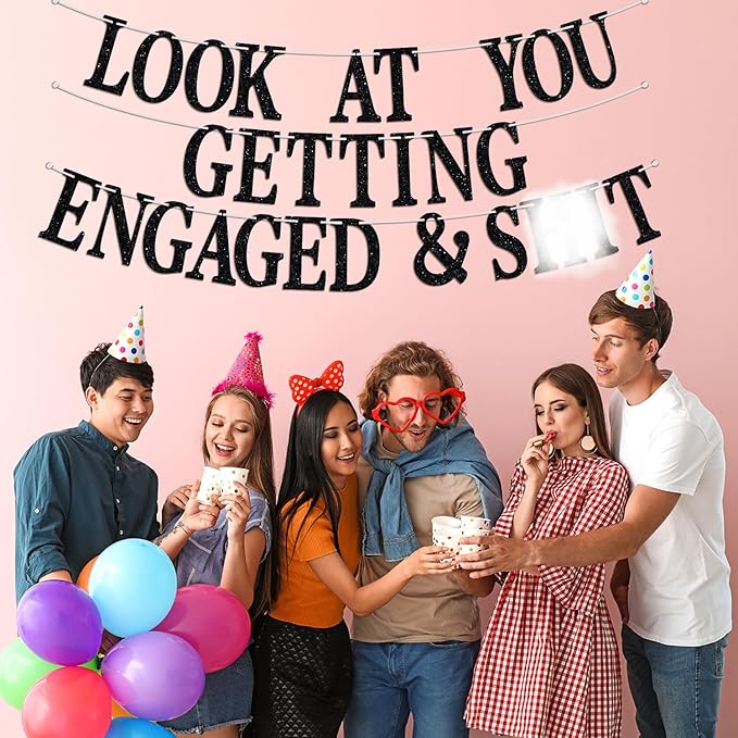 Look At You Getting Engaged Banner, Newly Engaged Gift for Bride, Engagement/Wedding/Brial Shower Party Decoration Supplies for Friends, Black Glitter