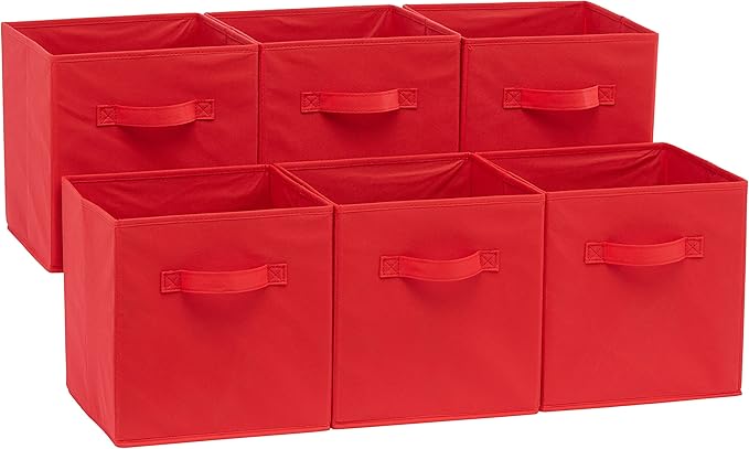 Amazon Basics Cube Organizer Storage Bins Handles, Collapsible Fabric, Pack of 6, 10.5"x10.5"x11", Red