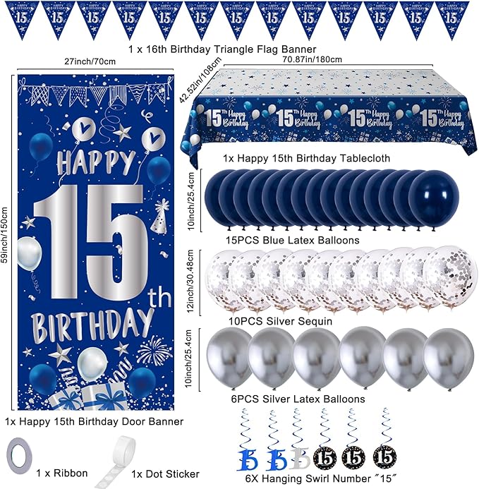 15th Birthday Decorations for Boys Girls, Blue Silver 15th Birthday Decorations Backdrop Banner, Happy 15th Birthday Tablecloth, Number 15 Hanging Swirls, Triangle Flag, 15 Years Old Party Supplies