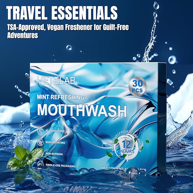 Travel Size Toiletries Mouthwash Packets - TSA-Approved Mini Mint Mouthwash for Adults, Alcohol & Fluoride-Free Oral Care for Air Travel Gifts, Dates & Office, Individually Wrapped (Pack of 30)
