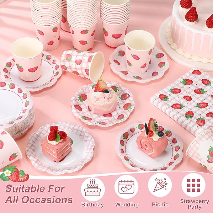 Yungyan 108 Pcs 36 Guest Strawberry Party Paper Plates and Napkins Strawberry Decoration Disposable 6" Scalloped Dessert Plates 9 oz Cup Tableware Set for Baby Shower Berry First Birthday Supplies