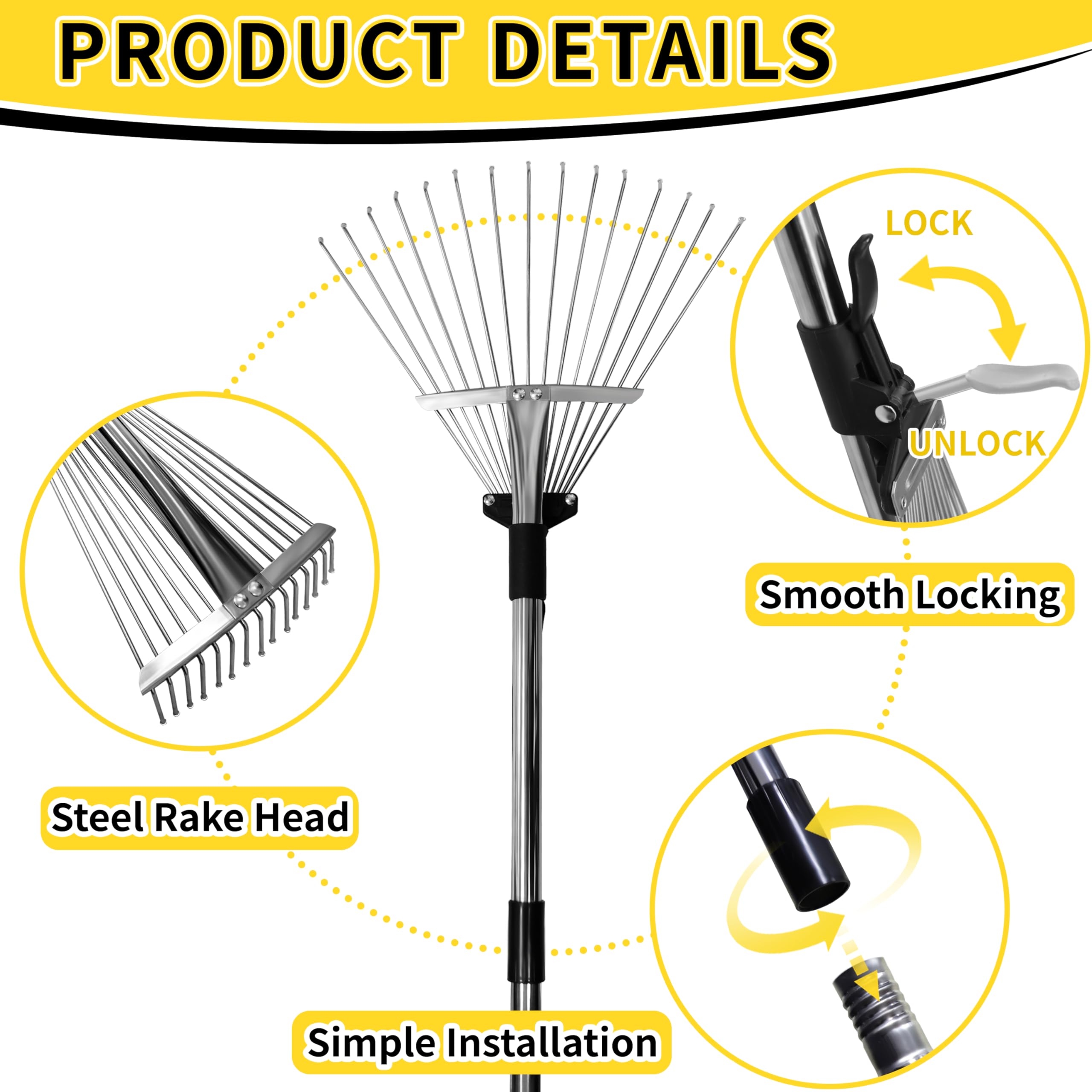 Garden Rake for Leaves,Heavy Duty Metal Adjustable Leaf Rake for Lawns,Long Handle 33"-69" with Expandable Head 8"-15",Garden Tools for Yard Lawn Shrub Garden Beds