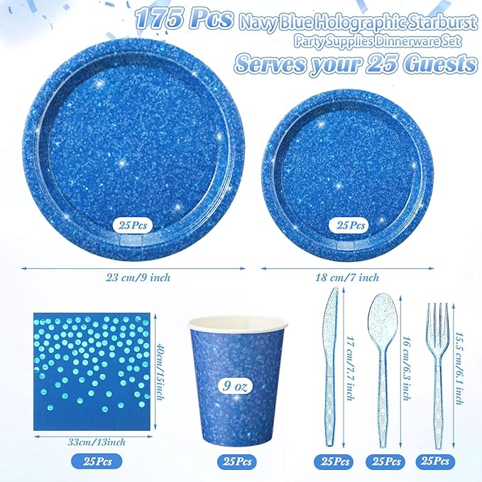 Hushee 175 Pcs Dark Blue Holographic Print Party Supplies Guests Disposable Dinnerware Set Include Paper Plates, Napkins, Cups, Plastic Cutlery for Wedding Birthday Disco Bachelorette