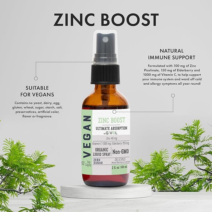 Organic ZINC Boost Mist 40 mg (Extra Strength) - Sugar Free with Vit C and Elderberry Extract - Vegan Liquid Spray for Kids and Adults - Easy Absorption - Non-GMO - (60 ml) 60 Days Supply