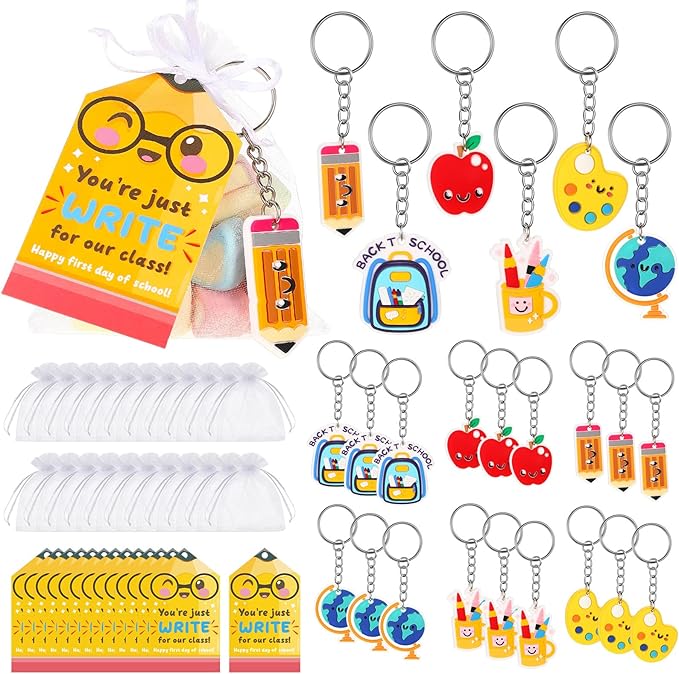 24 Set 100th Day of School Gifts for Student First Day of School Keychain Gift Set with Tags Organza Bags for Valentine Classroom Reward Gifts Schools Party Goodie Bag Stuffers