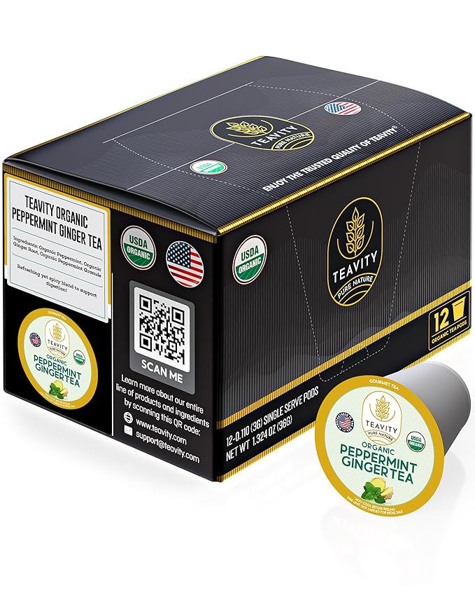Organic Ginger Tea Pods for Keurig with Organic Peppermint Tea - Decaf Tea for K Cup Brewing Peppermint Ginger by Teavity (12 Tea Pods)