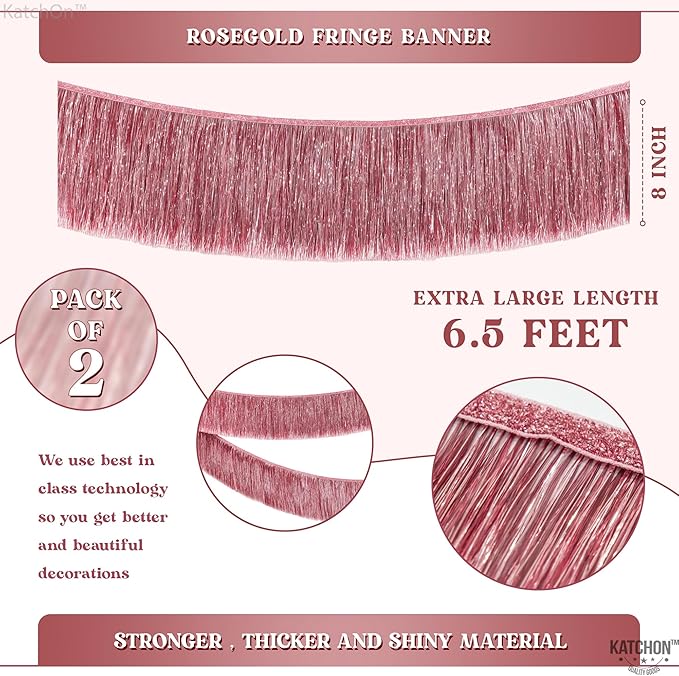 KatchOn, XtraLarge Rose Gold Fringe Banner - Pack of 2 | Rose Gold Backdrop for Bachelorette Party Decorations | Streamers for Birthday Decorations | Fringe Garland for Valentines Day Decorations