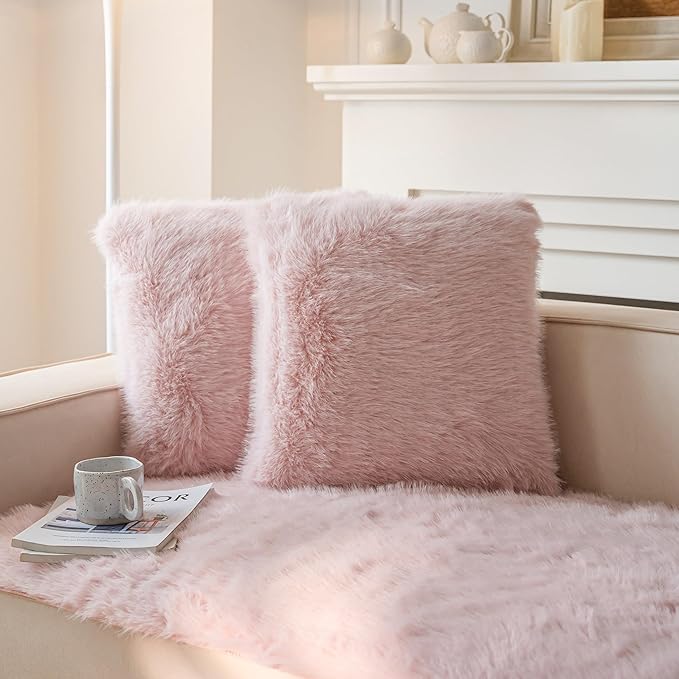 Neelvin Pink Faux Fur Cozy Fluffy Double-Sided Decorative Throw Pillow Covers 16x16 inch Set of 2,Velvet Pillowcase Cushion Case for Sofa Couch