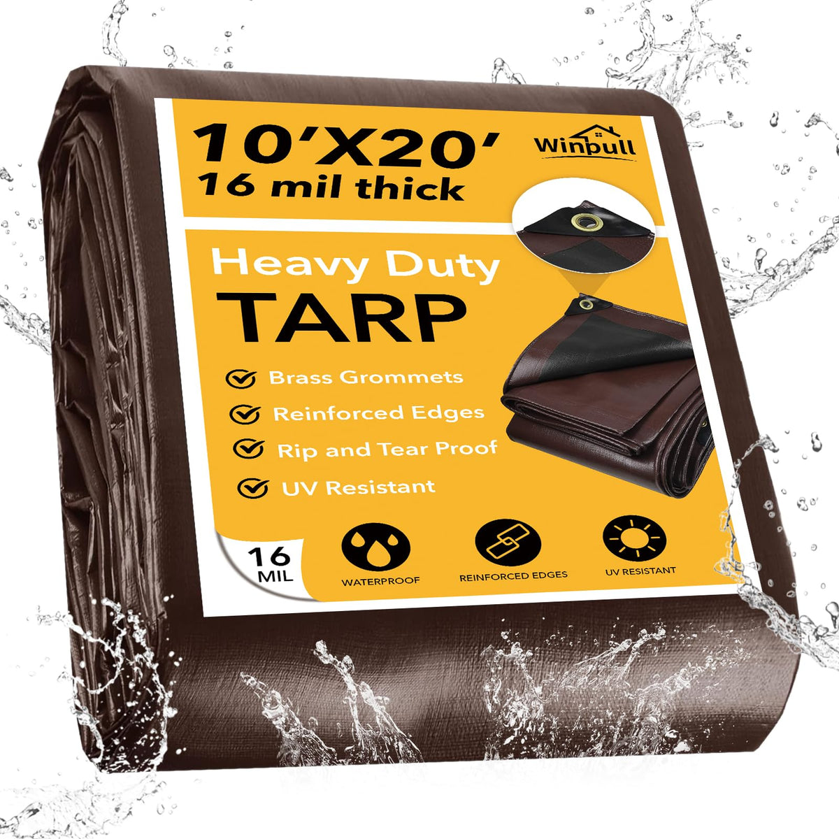Winpull Tarp 10x20FT, 16 Mil Heavy Duty Large Tarps, Waterproof Tarp with Brass Grommets and Reinforced Edges, UV Resistant, Tear&Fade Resistant Poly Tarp for Outdoor Camping Pool Car Tent
