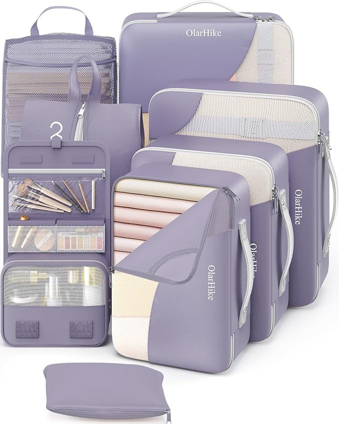 8 Set Packing Cubes for Travel, Gifts for Women Mom,Anti-Tearing Suitcase Organizer for Luggage with Shoe & Hanging Toiletry Bag,OlarHike Vacation Essentials & Accessories for Cruise Ship