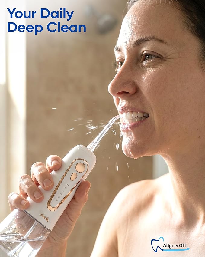 Aligner Off Sparklux Jet Water Flosser - Cordless & Rechargeable, Waterproof Design, Ideal for Teeth, Braces & Gum Care, Sleek White Finish with Rose-Gold Trim - FSA Eligible