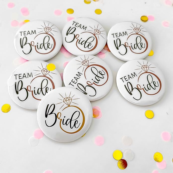 BrideTeam Bride Buttons Pins,Wedding Party Bride Shower Tinplate Badge Pin Bridesmaid Group Button Bachelorette Gift Decorating Accessory Set of 6 White Engagemnet Ring Rose Gold bride Squad 2.3Inch