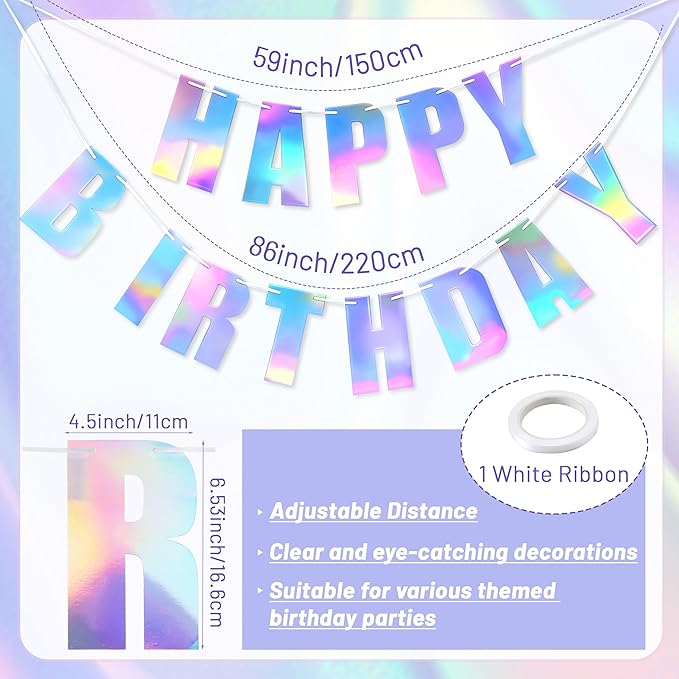 BTSD-home Iridescent Happy Birthday Banner 11ft Pre-Strung Letter Cards Reusable Cardstock Iridescent Birthday Decorations Unisex for Indoor Outdoor Holographic Party Backdrop