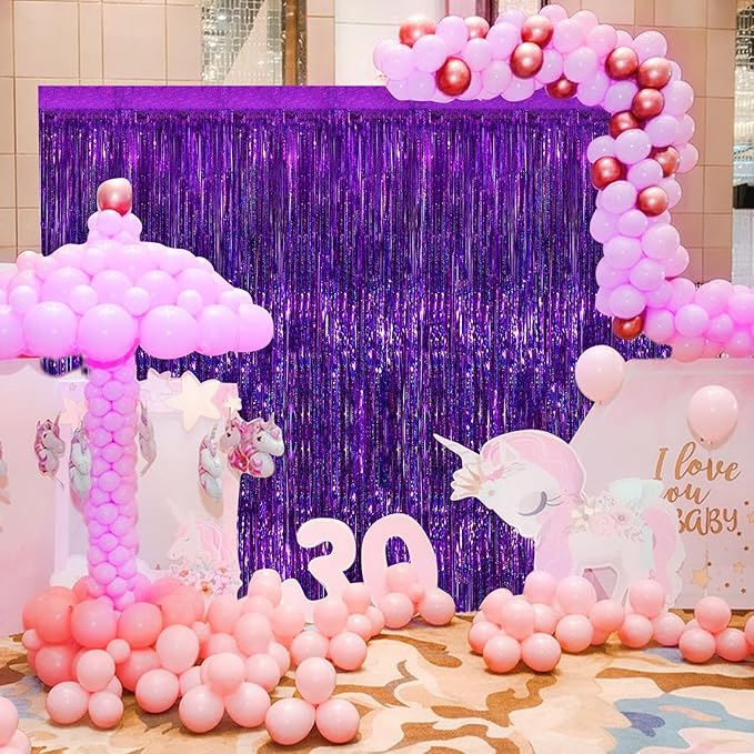 Purple Metallic Tinsel Foil Fringe Curtains, 2 Pack 3.3x8.3 Feet Party Streamer for Birthday Party Decorations, Halloween Decor, Foil Curtain Backdrop for Bachelorette Party