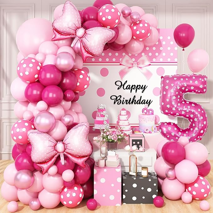 Pink 5th Birthday Balloons Decorations, Hot Pink Rose Polka Dots Balloon Arch Kit, Huge Bow Foil Balloons, pink Number 5 Balloon Tower for Baby Shower Girls Princess 5th Theme Party