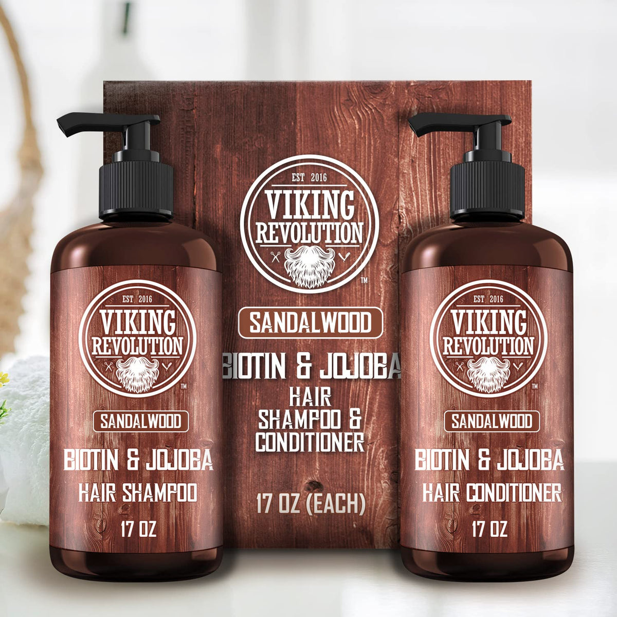 Viking Revolution Sandalwood Shampoo and Conditioner Set with Biotin and Jojoba Oil - Natural Hair Shampoo and Hair Conditioner for Men with Vitamin B5 (17 Oz)