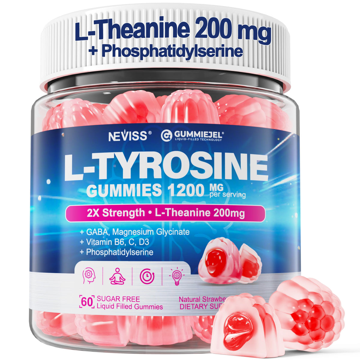 L Tyrosine Gummies Supplement 1200mg, GABA L-Theanine Supplement 200mg with Magnesium Glycinate Vitamin B6, D3 & C - Calm & Focus Gummies - Brain Supplements for Memory, Mood & Relax for Adults, 60Cts