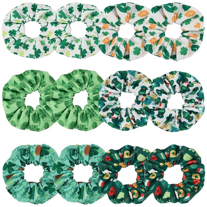 12pcs St Patrick's Day Hair Scrunchies Green Shamrock Leaves Leprechaun Hat Irish Hair Ties for Girls Women Soft Hair Accessories Gifts