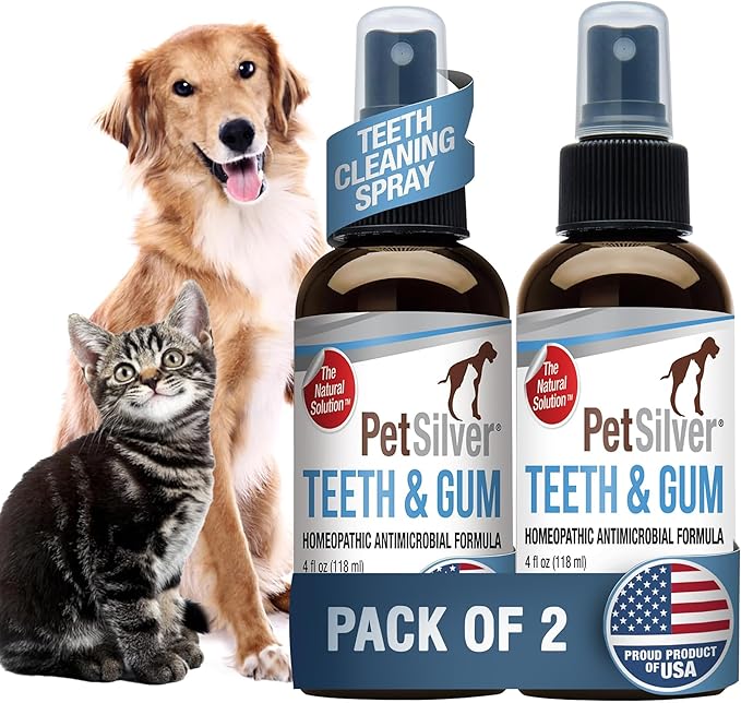 PetSilver Teeth & Gum Spray - Dog Dental & Teeth Cleaning Spray for Plaque & Tartar Build-Up Reduction - Natural Breath Freshener for Dogs & Cats - Patented Chelated Silver - Made in USA - 4oz, 2-Pack