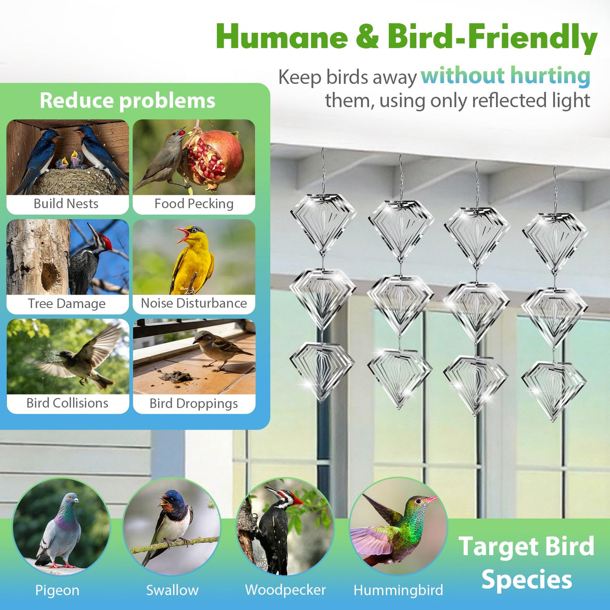 Superlong Bird Deterrents for Outside 12 Discs Stainless Steel, 4 Sets