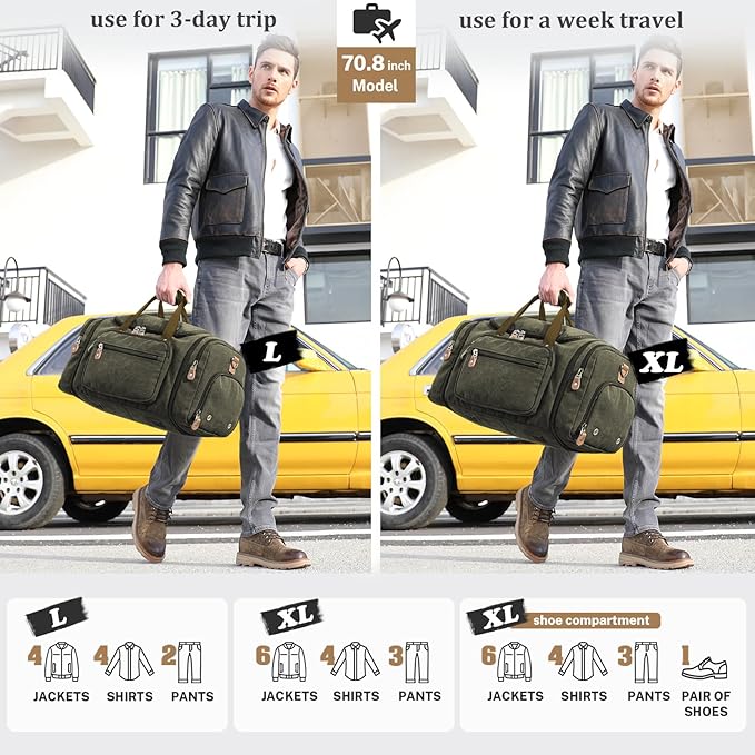 Gonex Canvas Duffle Bag 60L Travel Duffel Overnight Weekend Bag with Shoe Compartment (Army Green)