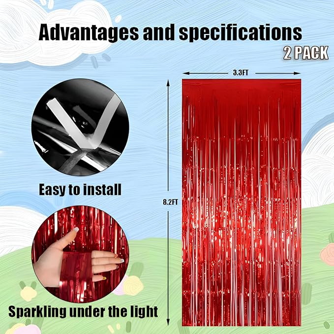 Valentines Day Keyali 2 Pack 3.3 * 8.3 ft Foil Curtain Metallic Tinsel Fringe Curtains Photo Booth Props Backdrop for Birthday Wedding Engagement Baby Shower Christmas Holiday Celebration Partyl,Red