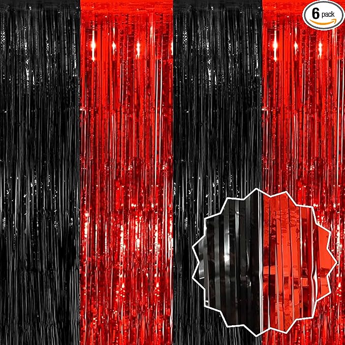 6 Pack Black and Red Foil Fringe Curtains Backdrop, 3.28 x 8.2 Ft Metallic Streamers Tinsel Curtains Background for Photo Booth, Birthday, Christmas, Halloween, New Year Party Decorations