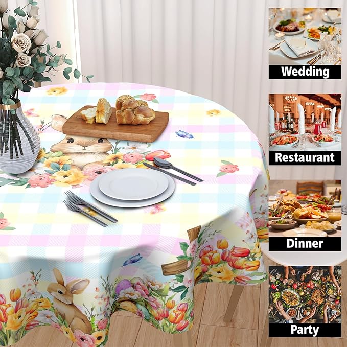 Easter Rabbit Round Tablecloth Pink Blue Pliad Circle Table Cloth 60 Inch Farmhouse Floral Table Cover Washable Polyester Indoor Decorations for Home Kitchen Dinning Party